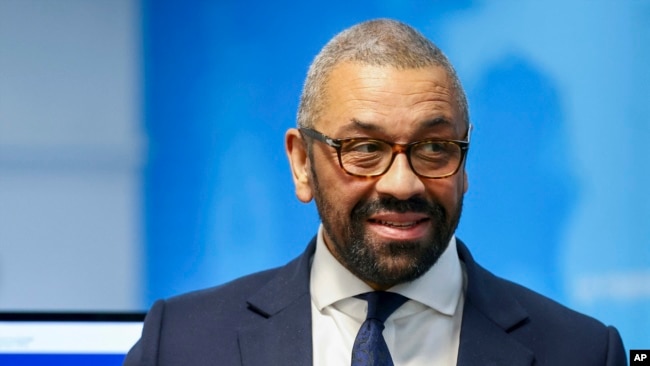 FILE - British Foreign Secretary James Cleverly in London, April 25, 2023. Cleverly said Russian crimes in Ukraine cannot be ignored.