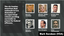 Graphic showing six Iranian-American dual nationals in U.S. detention or on supervised release pending surrender to prison for federal offenses.