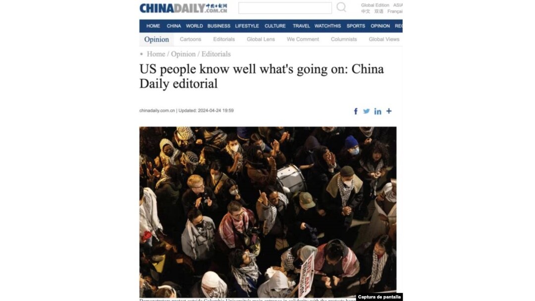 Captura de pantalla del artículo publicado por China Daily defendiendo a los estudiantes manifestantes y criticando a Estados Unidos por su política.