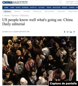 Captura de pantalla del artículo publicado por China Daily defendiendo a los estudiantes manifestantes y criticando a Estados Unidos por su política.
