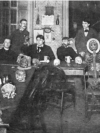 Members of the Whitechapel Club pose at Koster's Saloon, Chicago, Illinois, circa 1890-1895.