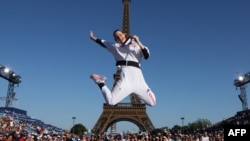 Gold medalist in the women's trampoline gymnastics final event Britain's Bryony Page poses at the Champions Park at Trocadero during the Paris 2024 Olympic Games in Paris on Aug. 5, 2024.