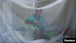 ঢাকার স্যার সলিমুল্লাহ মেডিকেল কলেজ হাসপাতালে মশারির নিচে বসে আছেন ডেঙ্গু আক্রান্ত এক রোগী। (ফাইল ছবি) 