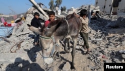 Displaced Palestinian children, who fled their homes due to Israeli strikes, walk with a donkey at a tent camp in Rafah, southern Gaza Strip, Dec. 29, 2023. 