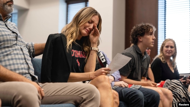 Melissa Alexander cries on Aug. 22, 2023, after testifying during a legislative session called to discuss gun violence in the wake of a fatal shooting at The Covenant School in Nashville, Tennessee, in March, 2023.