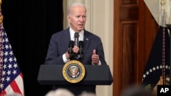 U.S. President Joe Biden speaks in the White House in Washington, Feb. 16, 2023. When he visits Poland on Tuesday, he is expected to reiterate the United States' commitment to support the defense of Ukraine “for as long as it takes.” 