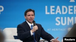FILE - Florida Governor Ron DeSantis speaks at The Heritage Foundation’s 50th anniversary Leadership Summit at Gaylord National Resort and Convention Center in National Harbor, Maryland, Apr. 21, 2023. 