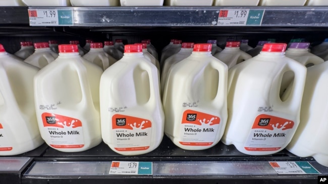 Milk on display at a Whole Foods grocery store in New York, Jan. 19, 2024.