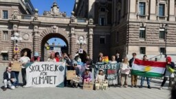 Greta Thunberg dan aktivis iklim lainnya protes di luar Parlemen Swedia di Stockholm, 9 Juni 2023. (REUTERS)/Marie Mannes