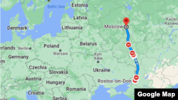 The route from Rostov-on-Don to Moscow. It's about 14 hours by car. (Google Maps)