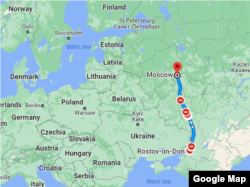 The route from Rostov-on-Don to Moscow. It's about 14 hours by car. (Google Maps)