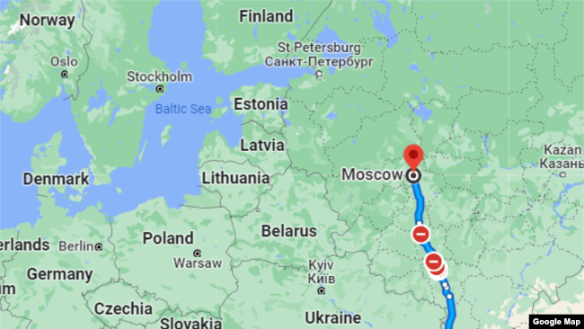 The route from Rostov-on-Don to Moscow. It's about 14 hours by car. (Google Maps)