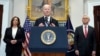 President Joe Biden speaks from the Roosevelt Room of the White House in Washington, July 14, 2024, about the assassination attempt targeting former President Donald Trump. Listening are Vice President Kamala Harris and Attorney General Merrick Garland.