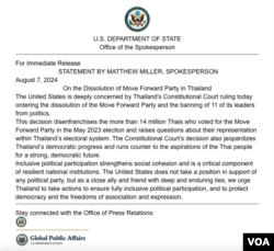 US State Department's statement on Thailand's Constitutional Court ruling dissolving Move Forward Party