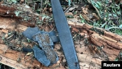 Fragments of a Russian Geran 1/2 drone lie on the ground in a location given as near the village of Plauru, Romania, in this handout picture released July 25, 2024. (G4Media.ro/Handout via Reuters)