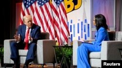 Republican presidential nominee and former U.S. President Donald Trump speaks on a panel of the National Association of Black Journalists convention in Chicago, July 31, 2024. 