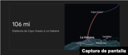 Captura del mapa de Google donde se muestra la distancia aproximada entre La Habana, Cuba y Cayo Hueso, Estados Unidos.