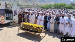 Locals attend funeral prayers for journalist Khalil Jibran on June 19, 2024, in Khyber district, Khyber Pakhtunkhwa province, Pakistan. Unidentified gunmen shot and killed Jibran on June 18, 2024. (Photo courtesy Aman Ali)