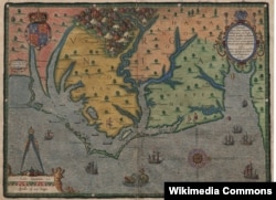 This 1585 hand-colored map by Theodore De Bry shows the coast of North Carolina from the modern Virginia border south to Cape Fear and notes Indian towns.