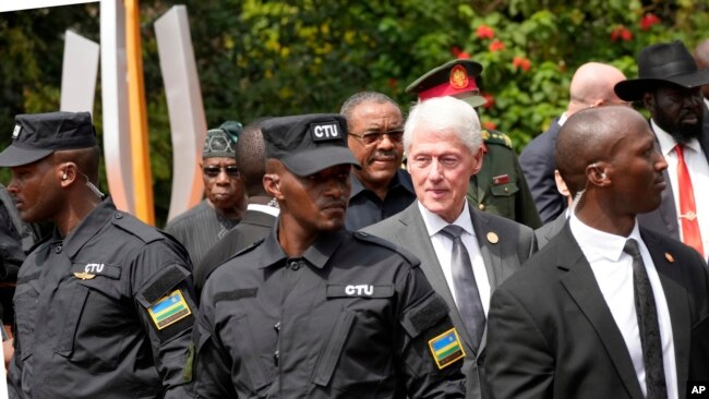 Former US President Bill Clinton, leaves after laying a wreath at the Kigali Genocide Memorial, in Kigali, Rwanda, Apr. 7, 2024.