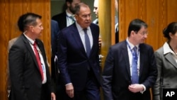 Russian Foreign Minister Sergey Lavrov arrives for a high level Security Council meeting on the situation in Ukraine, Sept. 20, 2023, at U.N. headquarters.