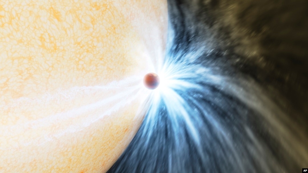 Foto ilustrasi yang disajikan oleh Caltech/IPAC yang menampilkan sebuah planet meluncur di pinggir permukaan bintangnya. (Foto: K. Miller, R. Hurt/Caltech/IPAC via AP)