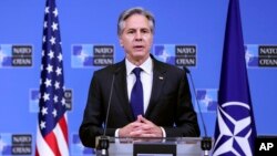 U.S. Secretary of State Antony Blinken addresses a media conference after a meeting of NATO foreign ministers at NATO headquarters in Brussels, April 4, 2024.