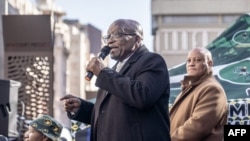 FILE - Jacob Zuma, uMkhonto weSizwe (MK) party leader and South Africa's former president, addresses his supporters outside the Johannesburg High Court in Johannesburg, June 3, 2024.