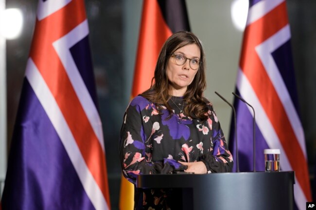 FILE - Iceland's Prime Minister Katrin Jakobsdottir speaks to the media in Berlin, Germany, Wednesday, Jan. 25, 2023. (AP Photo/Markus Schreiber, file)