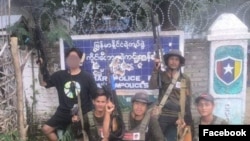 Myaing PDF members are posing in front of the police station after they captured it on August 8. (Facebook- အညမြေ တပ်ပေါင်းစု )