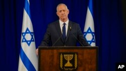 Benny Gantz, a centrist member of Israel's three-member War Cabinet delivers a statement in Ramat Gan, Israel, June 9, 2024. Gantz announced his resignation from the post the same day. 