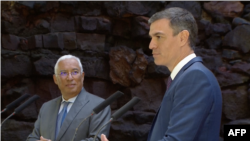 FILE - Screen grab of Portuguese Prime Minister Antonio Costa and Spanish Prime Minister Pedro Sanchez at a a joint news conference in Lanzarote, Spain on March 15, 2023.