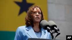 FILE - U.S. Vice President Kamala Harris addresses youth gathered on Black Star Square in Accra, Ghana, March 28, 2023. Harris will meet with President Bernardo Arévalo of Guatemala on March 25, 2024, as the U.S. grapples with an influx of migrants to its southern border.