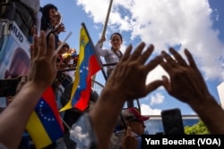 Opposition leader Maria Corina Machado called for a protest against Venezuela's presidential election results in an upper-middle-class neighborhood of Caracas on Aug. 3, 2024