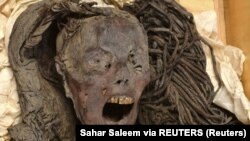 Wajah mumi "Perempuan Menjerit" yang ditemukan pada 1935 di Deir Elbahari dekat Luxor, diperkirakan berasal dari sekitar tahun 1500 SM pada masa Kerajaan Baru Mesir kuno, Museum Mesir, Kairo, Mesir, 18 Januari 2023. (Foto: Sahar Saleem via REUTERS)