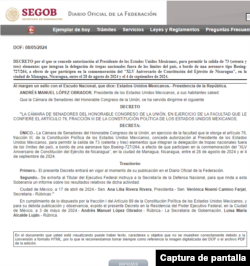 Captura de pantalla de decreto emitido por el Diario Oficial de la Federación de México.