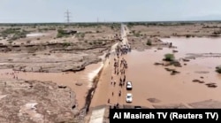 Drone footage from a handout video shows flood water in Hodeidah Province, Yemen, Aug. 7, 2024. (Al Masirah TV/Reuters)