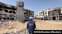 Jonathan Whittall, an OCHA official, assesses the destroyed Al Shifa Hospital in Gaza City, April 5, 2024, in this screen grab taken from a handout video. 