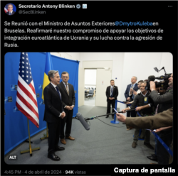 Captura de la publicación del secretario de Estado de Estados Unidos, Anthony Blinken, el 4 de abril en X. Imagen en español con traducción automática.