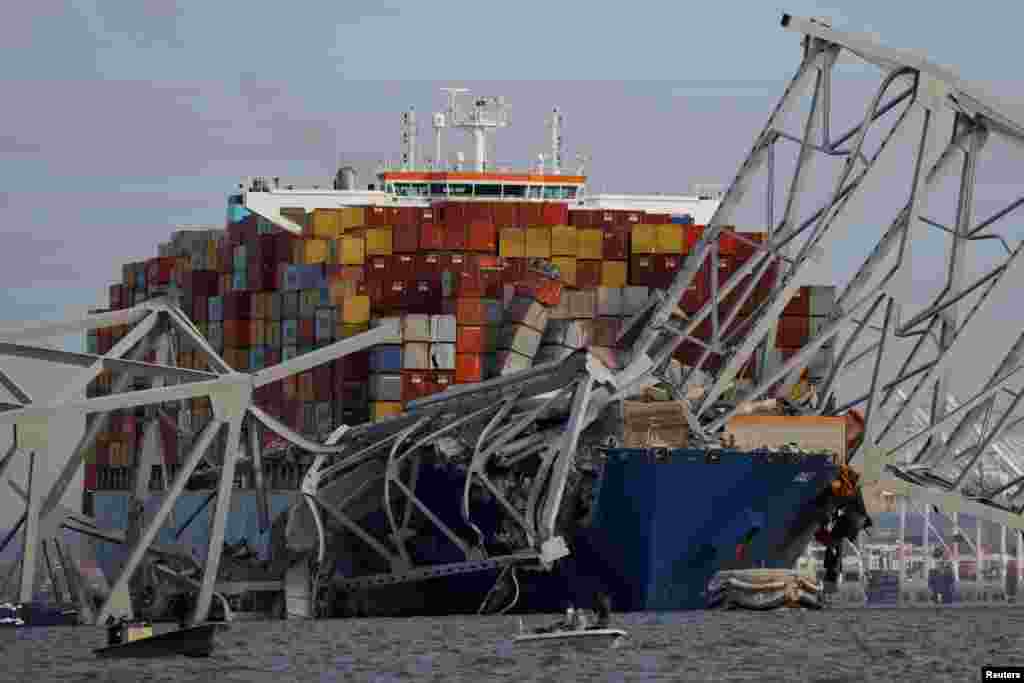 A view of the Dali cargo vessel which crashed into the Francis Scott Key Bridge causing it to collapse in Baltimore, Maryland, March 26, 2024.