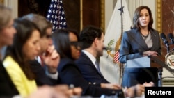 FILE - U.S. ‪Vice President Kamala Harris‬ delivers remarks at a meeting with government officials and corporate leaders on the root causes of migration from Central America, at the Eisenhower Executive Office Building in Washington, Feb. 6, 2023.