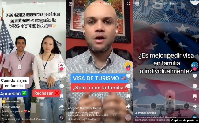 Estas son capturas de pantalla de los videos que circulan en TikTok. que mal informan sobre la aplicación de visas en familia