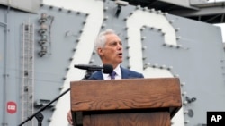 FILE - U.S. Ambassador to Japan Rahm Emanuel delivers a speech at the U.S. Navy aircraft carrier USS Ronald Reagan at the U.S. Navy's Yokosuka base, in Yokosuka, south of Tokyo, May 16, 2024.