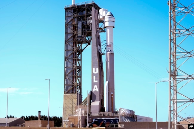 Boeing's Starliner capsule atop an Atlas V rocket stands ready for its upcoming mission at the Cape Canaveral Space Force Station, Sunday, May 5, 2024, in Cape Canaveral, Fla. Launch is scheduled for Monday evening. (AP Photo/John Raoux)