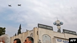 FILE - Syrian information and tourism ministers as well as a group of journalists arrive, Feb. 19, 2020, to Aleppo airport, on the first flight from Damascus to Aleppo since the war forced its closure in 2012. The airport was hit by Israeli strikes on May 2, 2023.