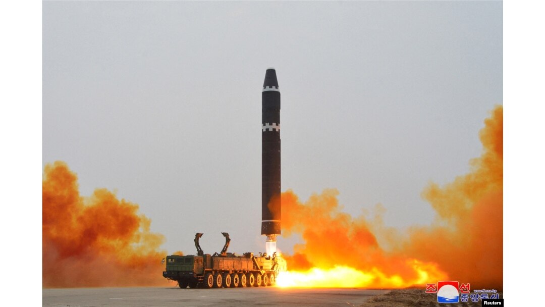FILE - A Hwasong-15 intercontinental ballistic missile (ICBM) is launched at Pyongyang International Airport, in Pyongyang, North Korea, Feb. 18, 2023 in this photo released by North Korea's Korean Central News Agency (KCNA).
