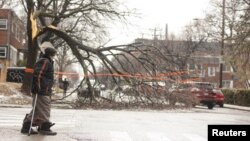 A man walks near fallen branches a day after freezing rain and strong winds cut power to more than a million people in Canada's two most populated provinces, in Montreal, Quebec, April 6, 2023. 