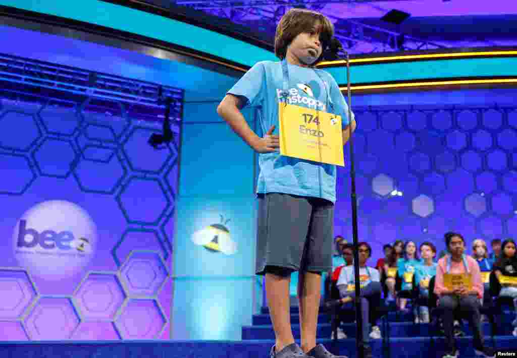 Juan Enzo Astoria, a 5th grader from Ohio, participates in the Scripps National Spelling Bee in National Harbor, Maryland, May 28, 2024.