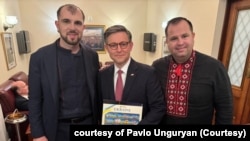 Serhii Gadarzhi, left, who lost his wife and son in a drone strike in Odesa, Ukraine, with U.S. House Speaker Mike Johnson, center, and Pavlo Unguryan, a former Ukraine member of parliament. 