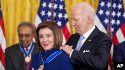 President Joe Biden awards the nation's highest civilian honor, the Presidential Medal of Freedom, to Rep. Nancy Pelosi, during a ceremony in the East Room of the White House, in Washington, May 3, 2024.